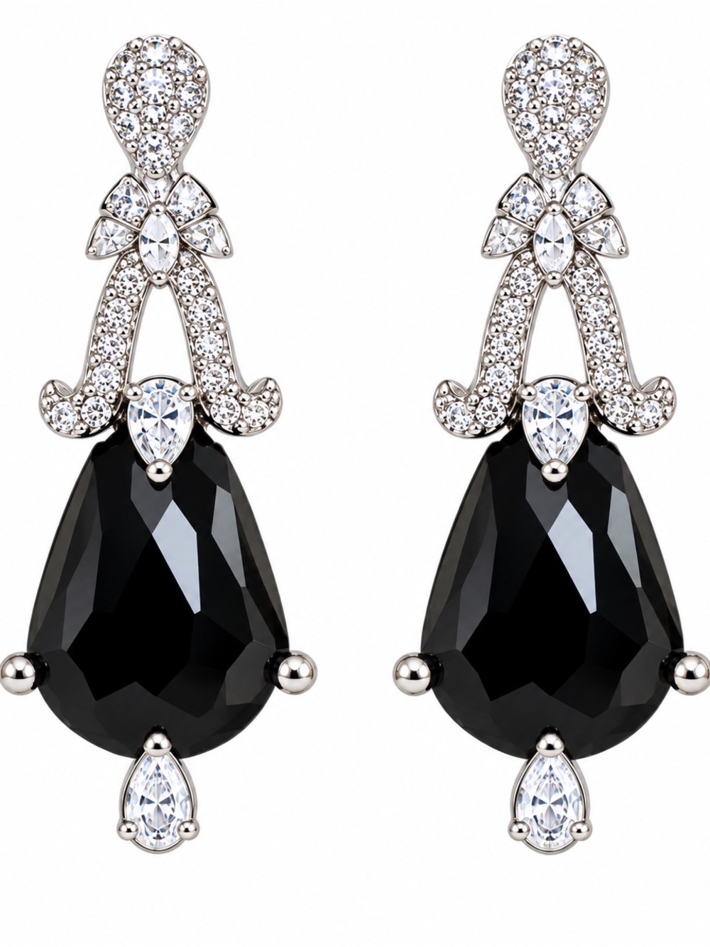 925 Sterling Silver Black & Clear Crystal Drop Earrings